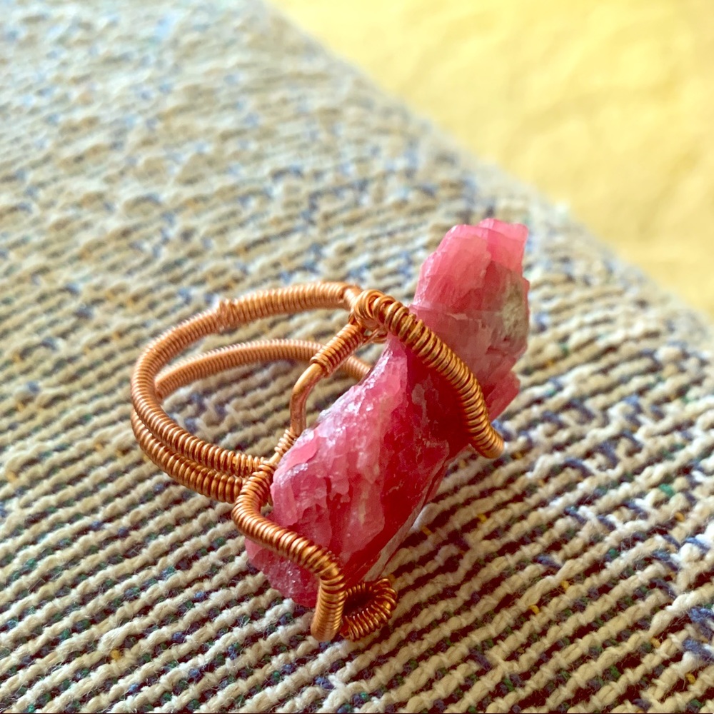 Rhodochrosite Pink Crystal Copper Wrap Ring